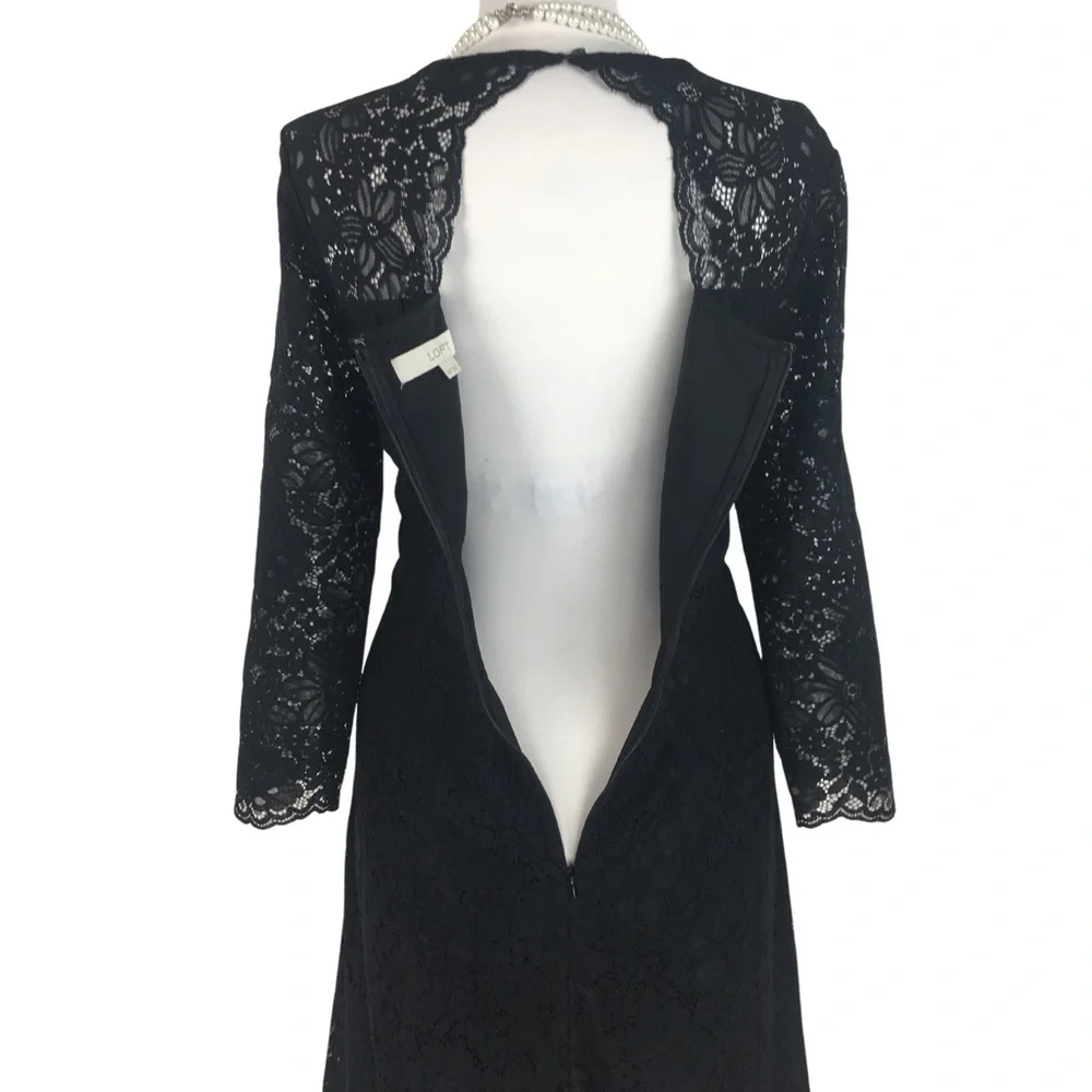 LOFT Black Lace with Cutout Back Long Sleeve Mini Dress Tall size 10 Tall - Picture 14 of 16